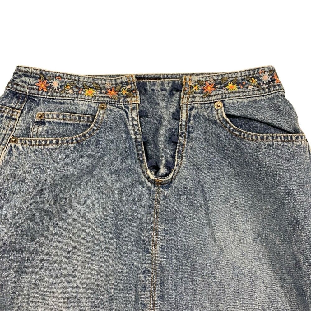 Vintage Route 66 Floral Embroidered Trim Denim Midi Skirt 6 Y2K Boho Festival - Picture 2 of 7